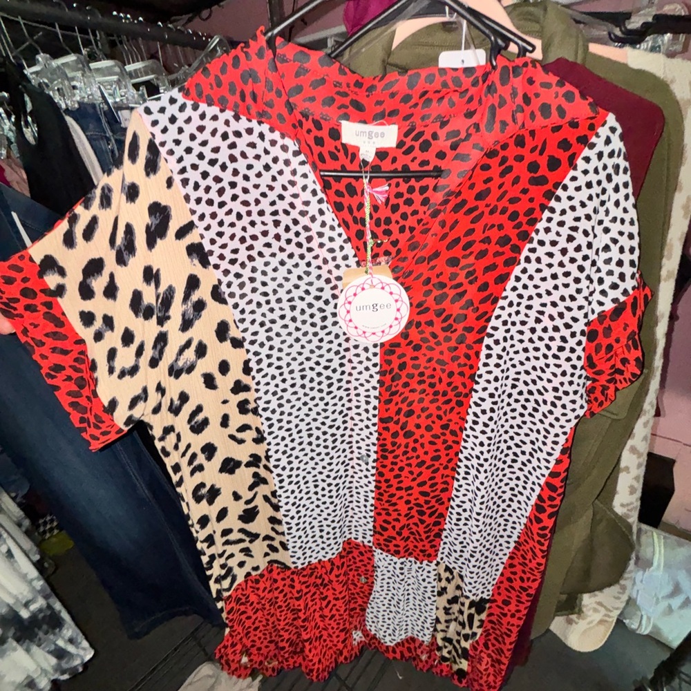 Umgee Red, White & Tan Leopard Patchwork Short Sleeve sheer dress NWT